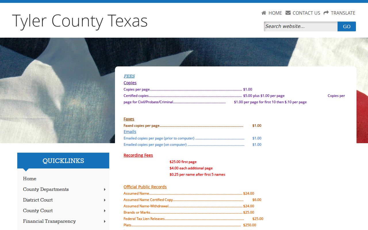 Tyler County court record copy and certification fees