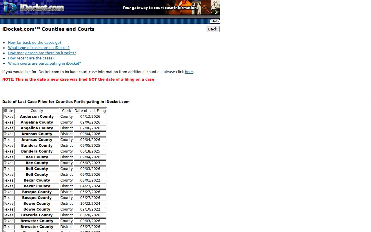 Tyler County court records iDocket freshness listing