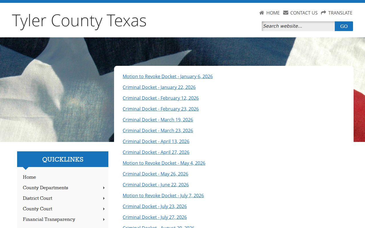 Tyler County court schedule on the District Clerk docket page